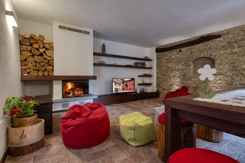 zona relax del bed & breakfast con caminetto, televisione e pouf